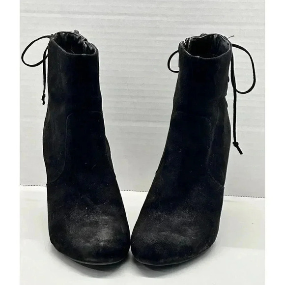Forever 21 Faux Black Leather Back Lace Up Block High Heel Ankle Boots Size 8 - Picture 3 of 9